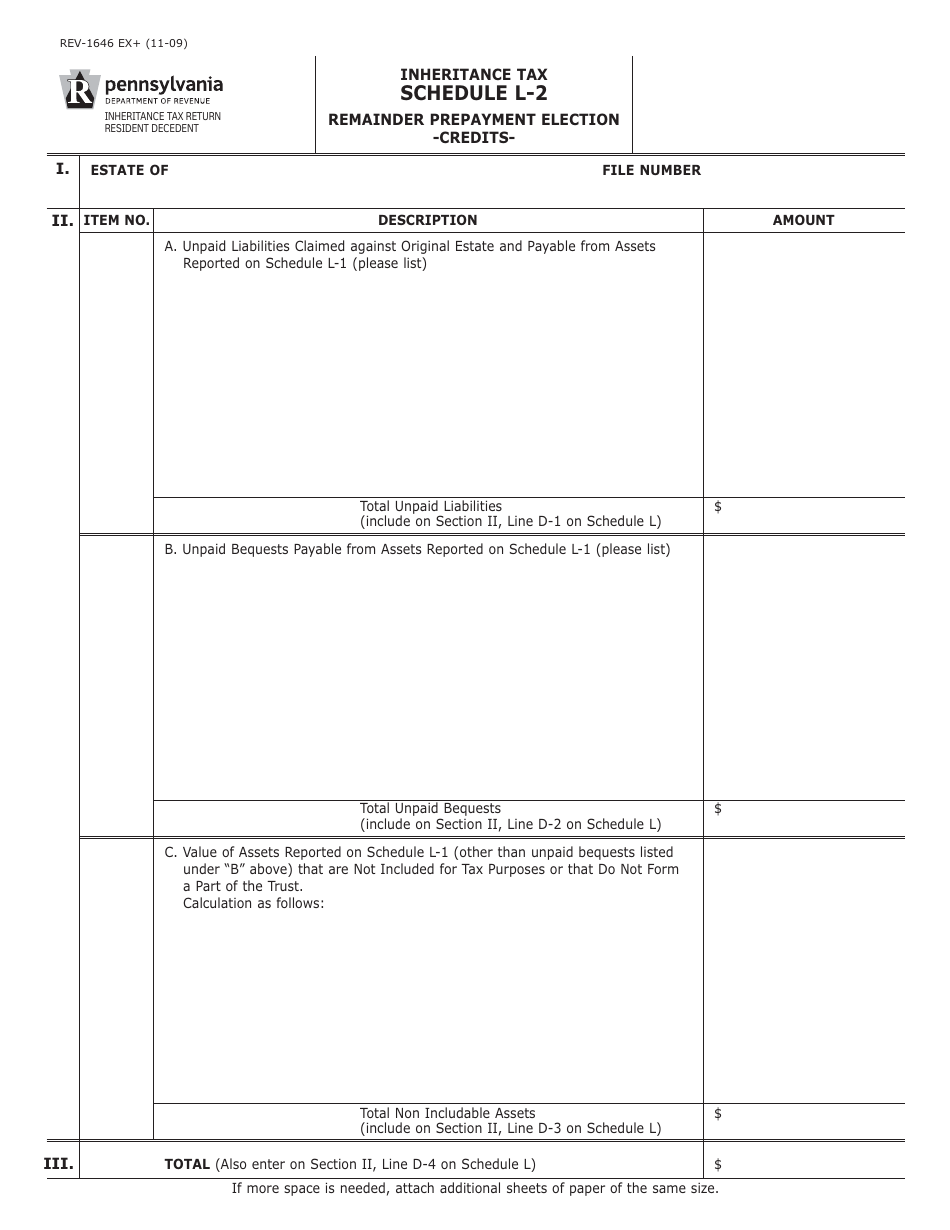 Form REV-1646 Schedule L-2 Remainder Prepayment Election - Credits - Pennsylvania, Page 1