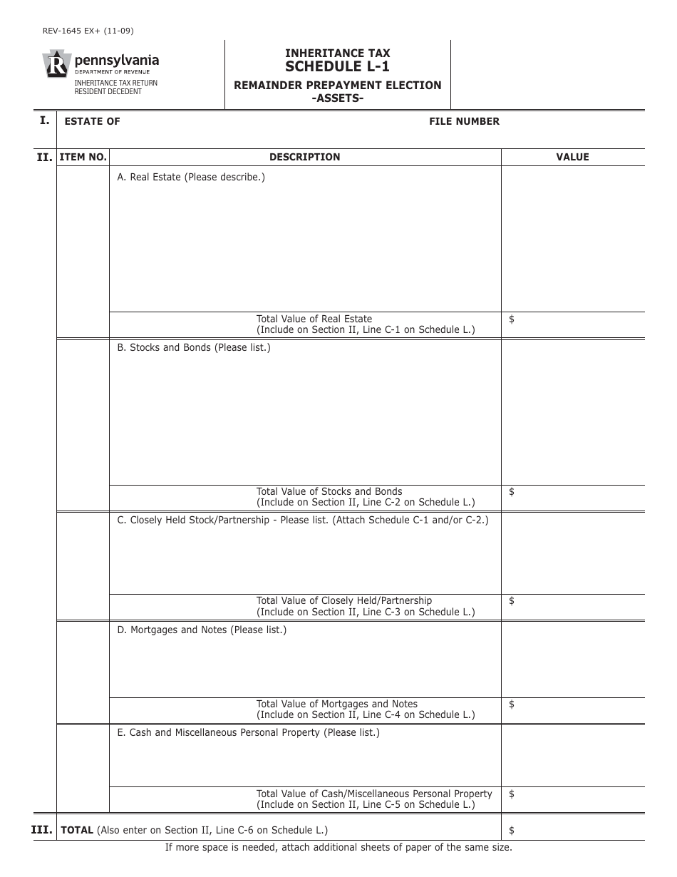 Form REV-1645 Schedule L-1 Remainder Prepayment Election - Assets - Pennsylvania, Page 1