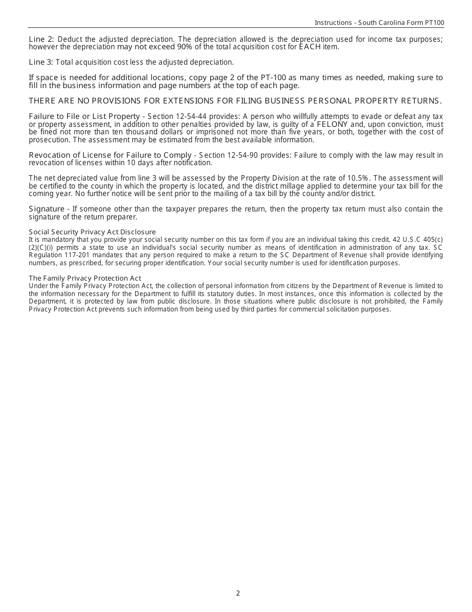 Instructions for Form PT-100 Business Personal Property Return - South Carolina, Page 2