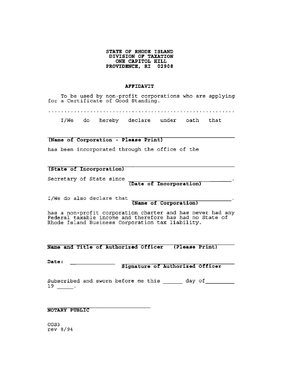 Form CGS3 Affidavit for Non-profit Corporation for Certificate of Good Standing - Rhode Island, Page 1