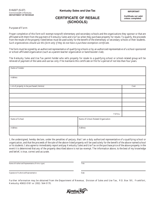 Form 51A227 Certificate of Resale (Schools) - Kentucky