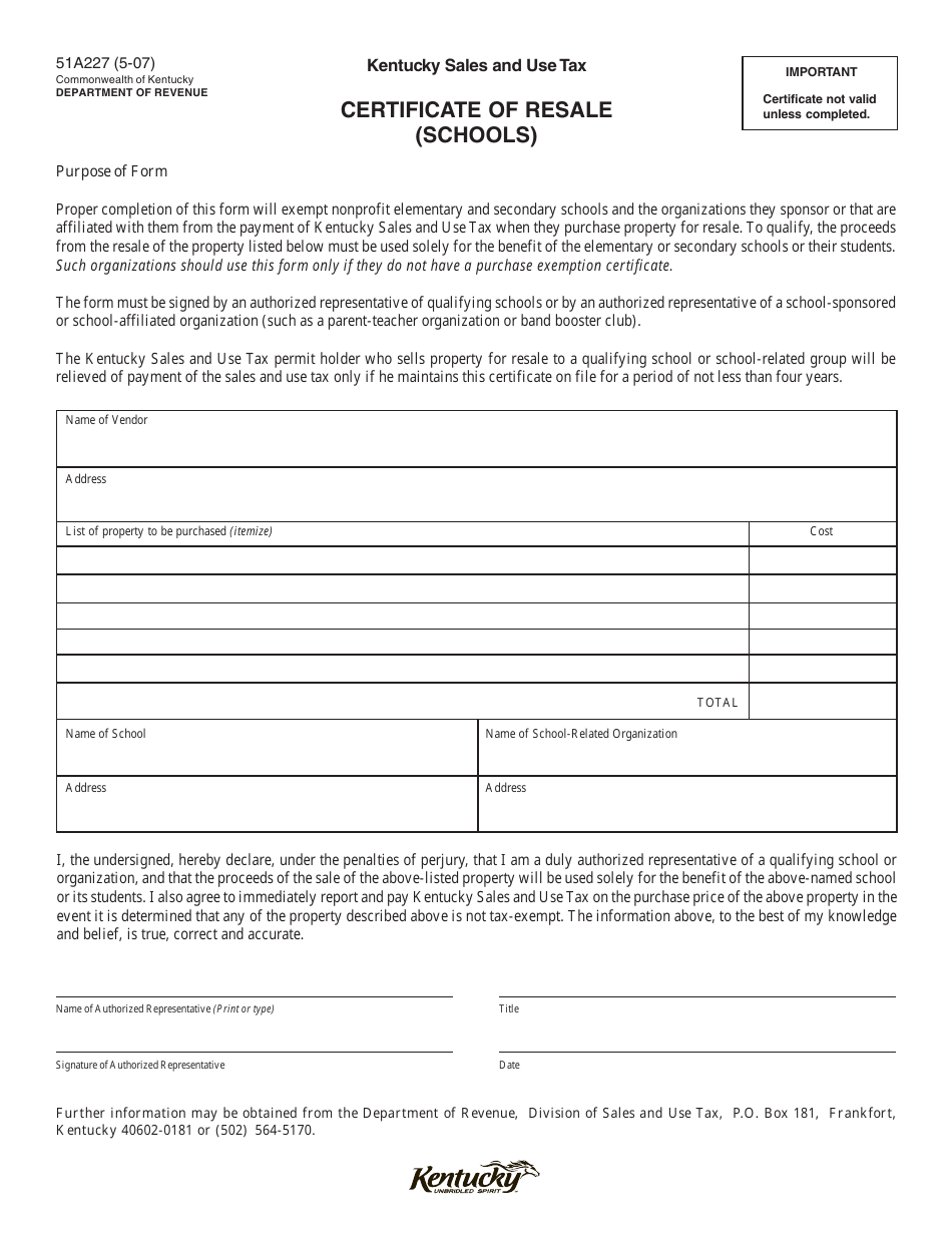 Form 51A227 Certificate of Resale (Schools) - Kentucky, Page 1