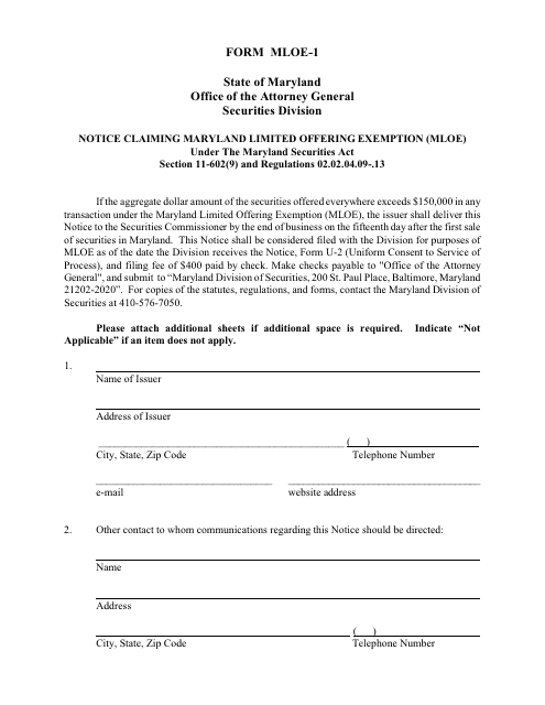 Form MLOE-1 Notice Claiming Maryland Limited Offering Exemption (Mloe) - Maryland
