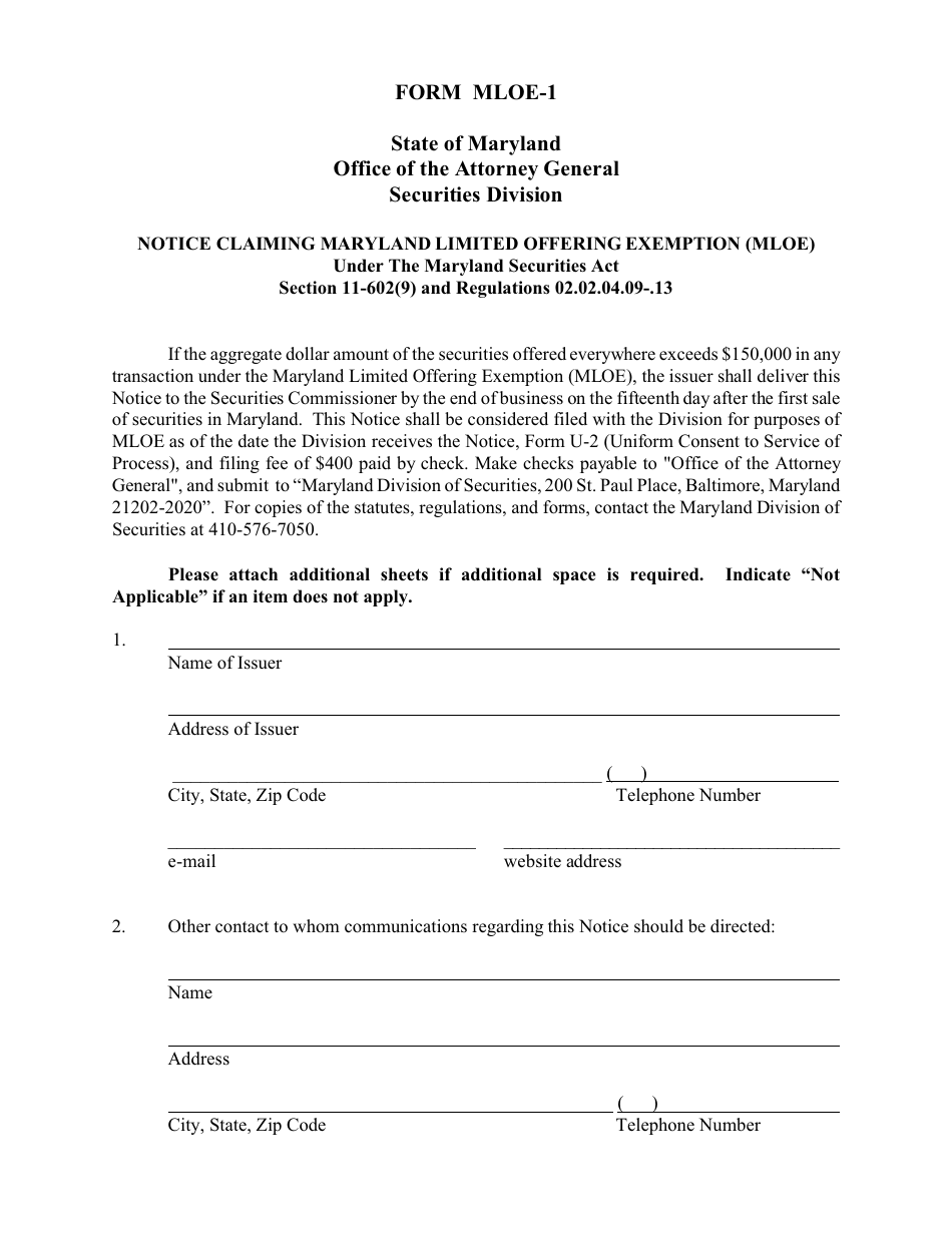 Form MLOE-1 Notice Claiming Maryland Limited Offering Exemption (Mloe) - Maryland, Page 1