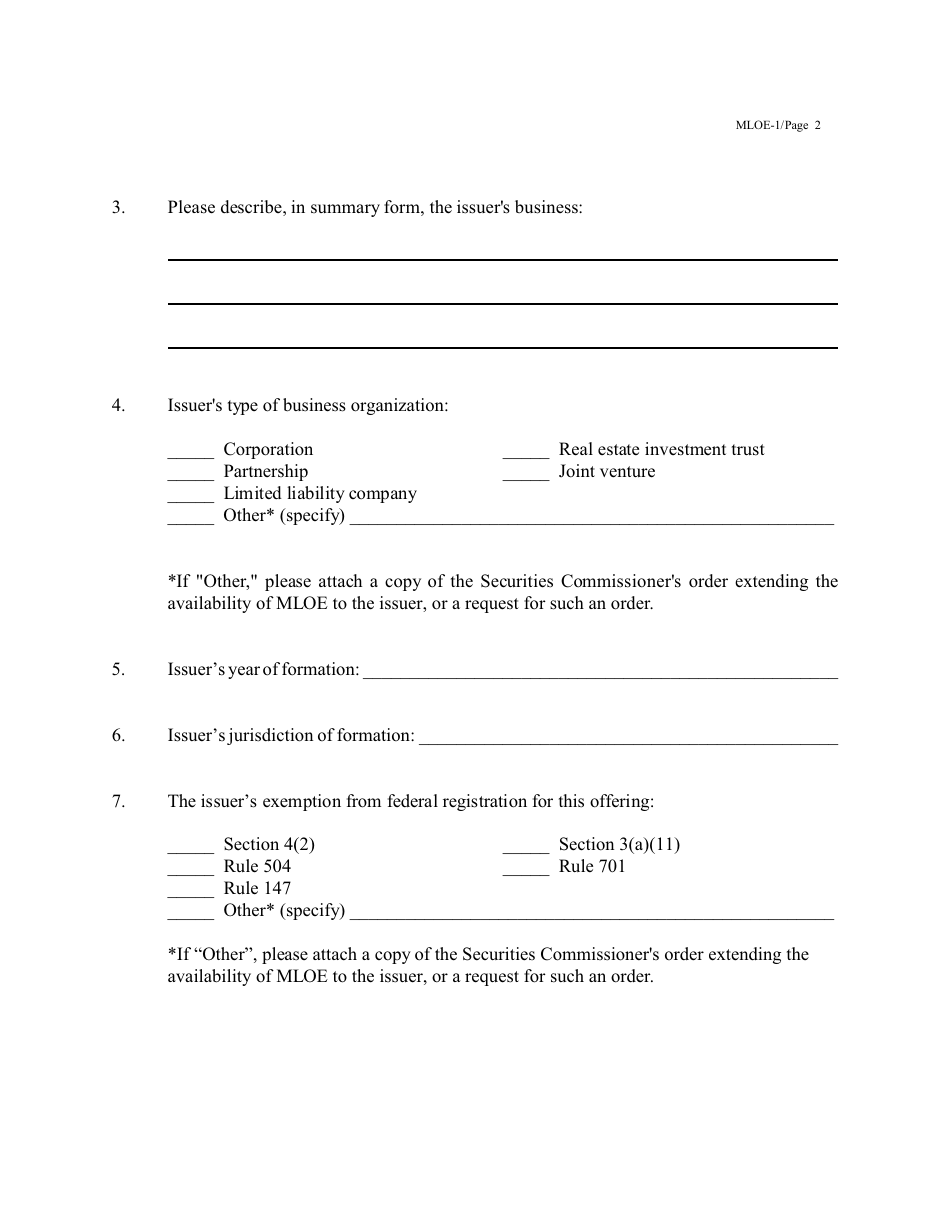 Form MLOE-1 Notice Claiming Maryland Limited Offering Exemption (Mloe) - Maryland, Page 2
