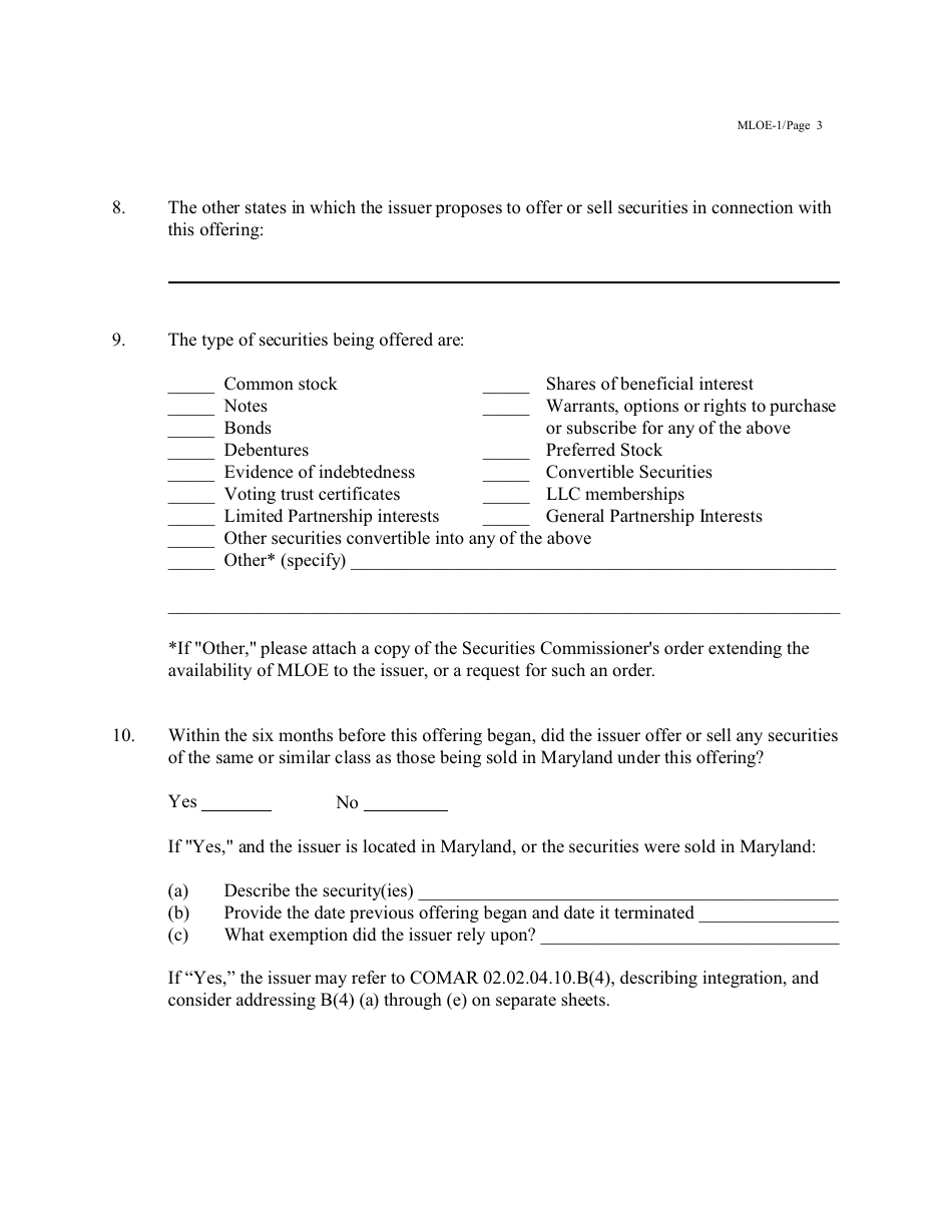 Form MLOE-1 Notice Claiming Maryland Limited Offering Exemption (Mloe) - Maryland, Page 3