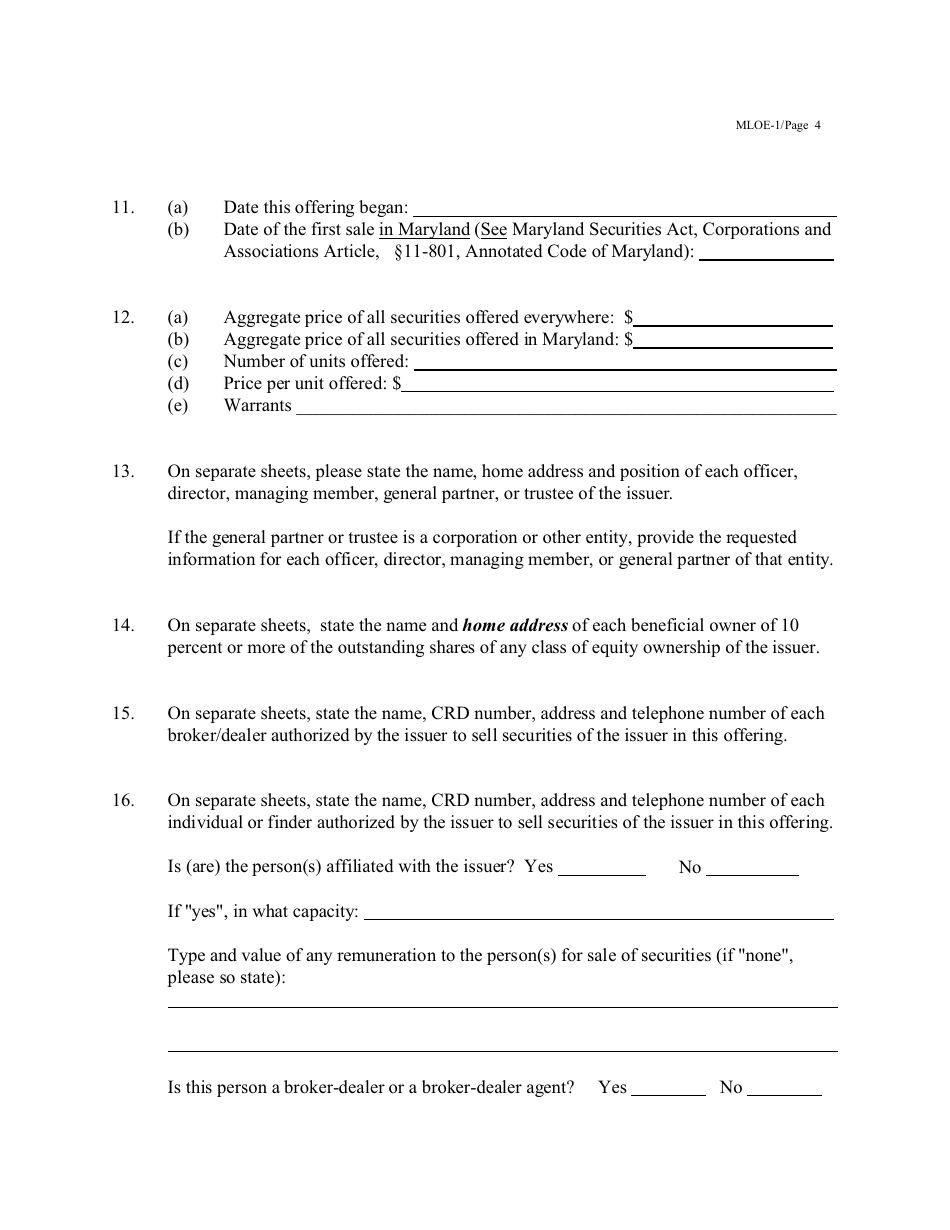 Form MLOE-1 Notice Claiming Maryland Limited Offering Exemption (Mloe) - Maryland, Page 4