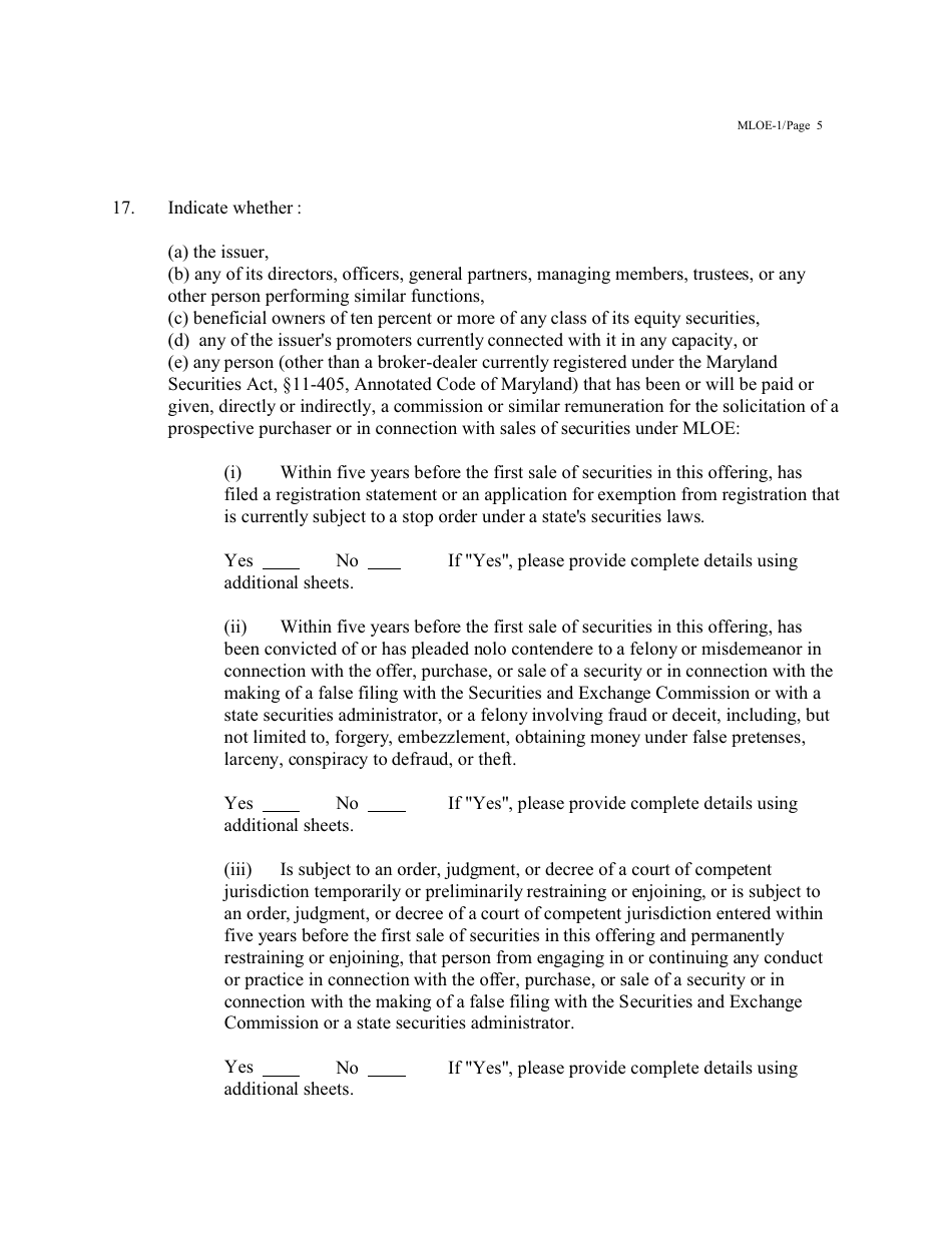Form MLOE-1 Notice Claiming Maryland Limited Offering Exemption (Mloe) - Maryland, Page 5