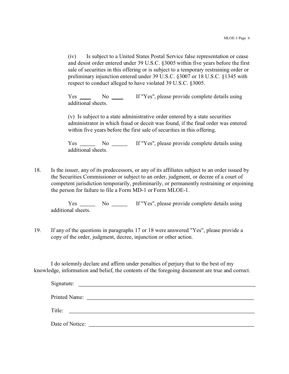 Form MLOE-1 Notice Claiming Maryland Limited Offering Exemption (Mloe) - Maryland, Page 6