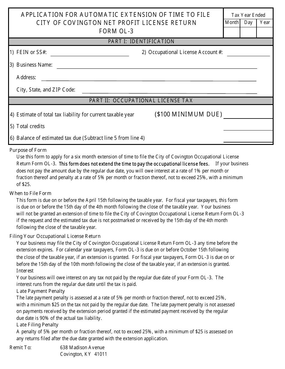 Application for Automatic Extension of Time to File City of Covington Net Profit License Return Form Ol-3 - City of Covington, Kentucky, Page 1