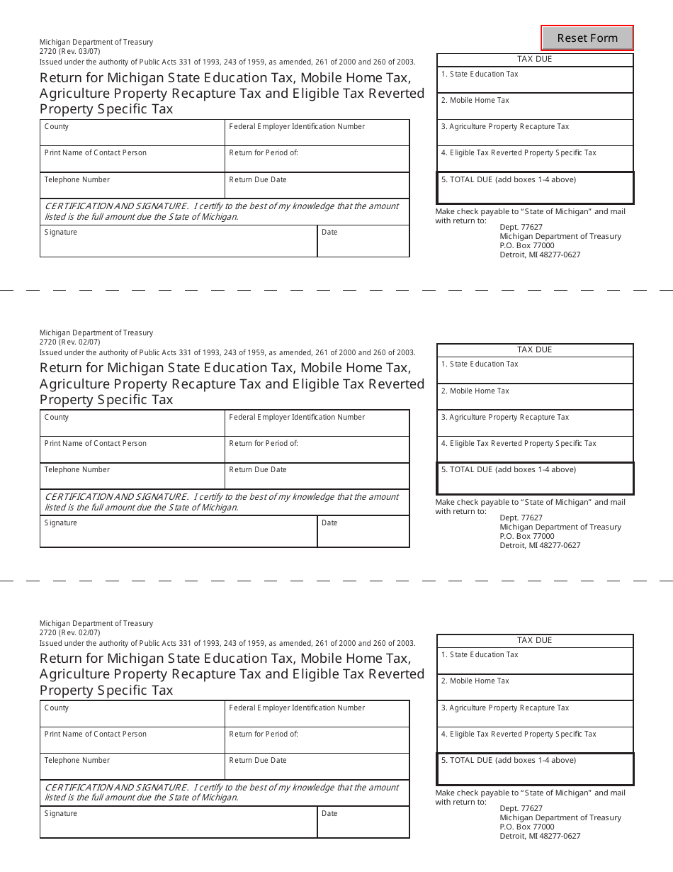 Form 2720 Return for Education Tax, Mobile Home Tax, Agriculture Property Recapture Tax and Eligible Tax Reverted Property Specific Tax - Michigan, Page 1