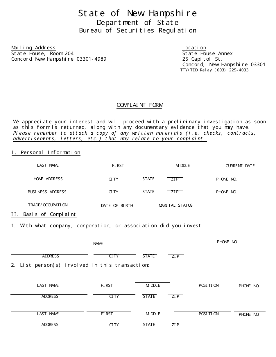 Complaint Form - New Hampshire, Page 1