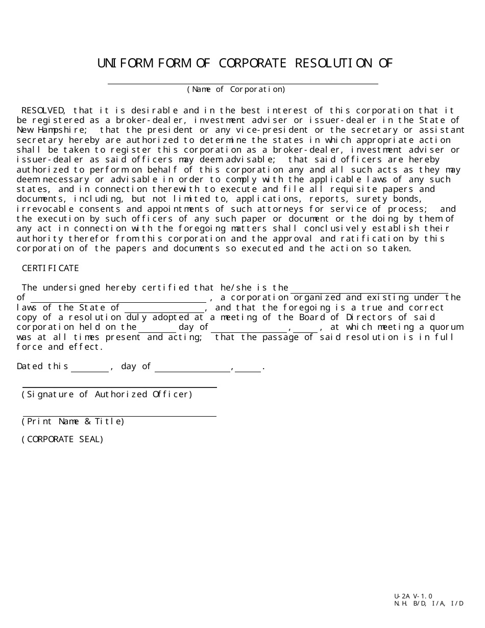 Form U-2A Uniform Form of Corporate Resolution - New Hampshire, Page 1
