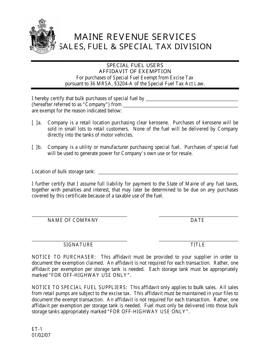 Form ET-1 Special Fuel Users Affidavit of Exemption - Maine, Page 1