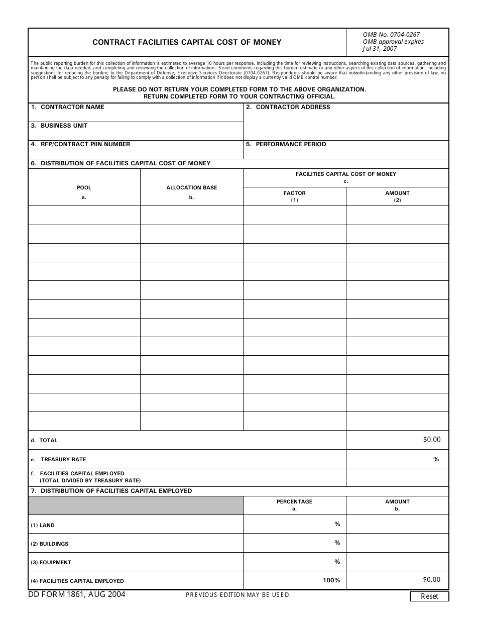 DD Form 1861 Contract Facilities Capital Cost of Money, Page 1