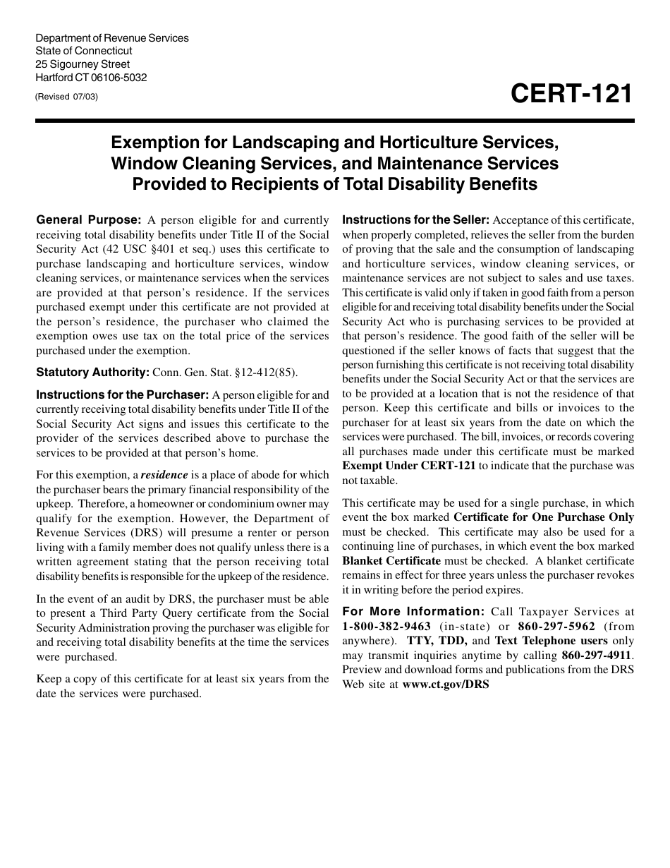 Form CERT-121 Exemption for Landscaping and Horticulture Services, Window Cleaning Services, and Maintenance Services Provided to Recipients of Total Disability Benefits - Connecticut, Page 1