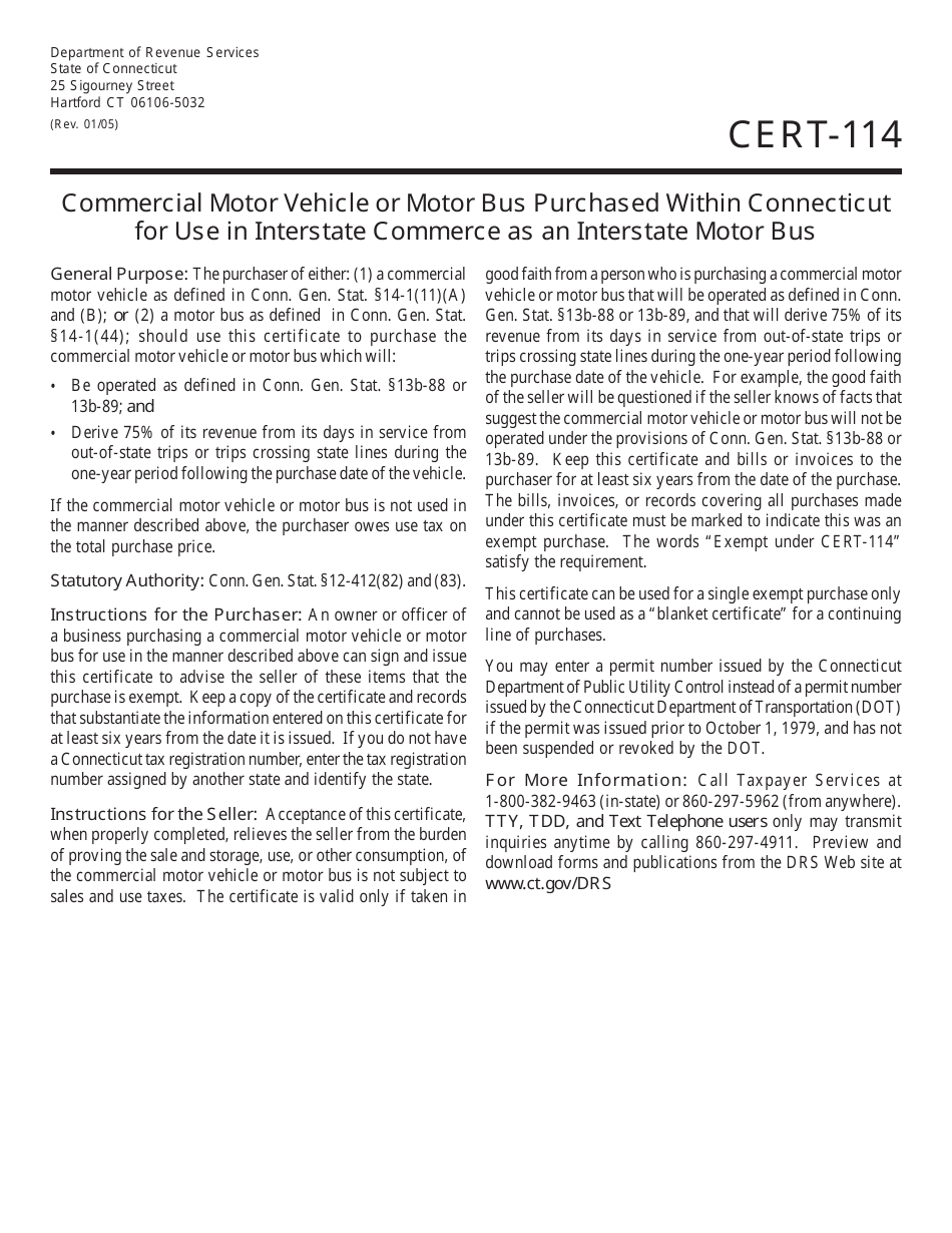Form CERT-114 Commercial Motor Vehicle or Motor Bus Purchased Within Connecticut for Use in Interstate Commerce as an Interstate Motor Bus - Connecticut, Page 1