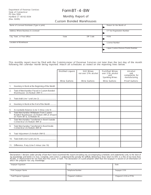 Form BT-4-BW Monthly Report of Custom Bonded Warehouses - Connecticut