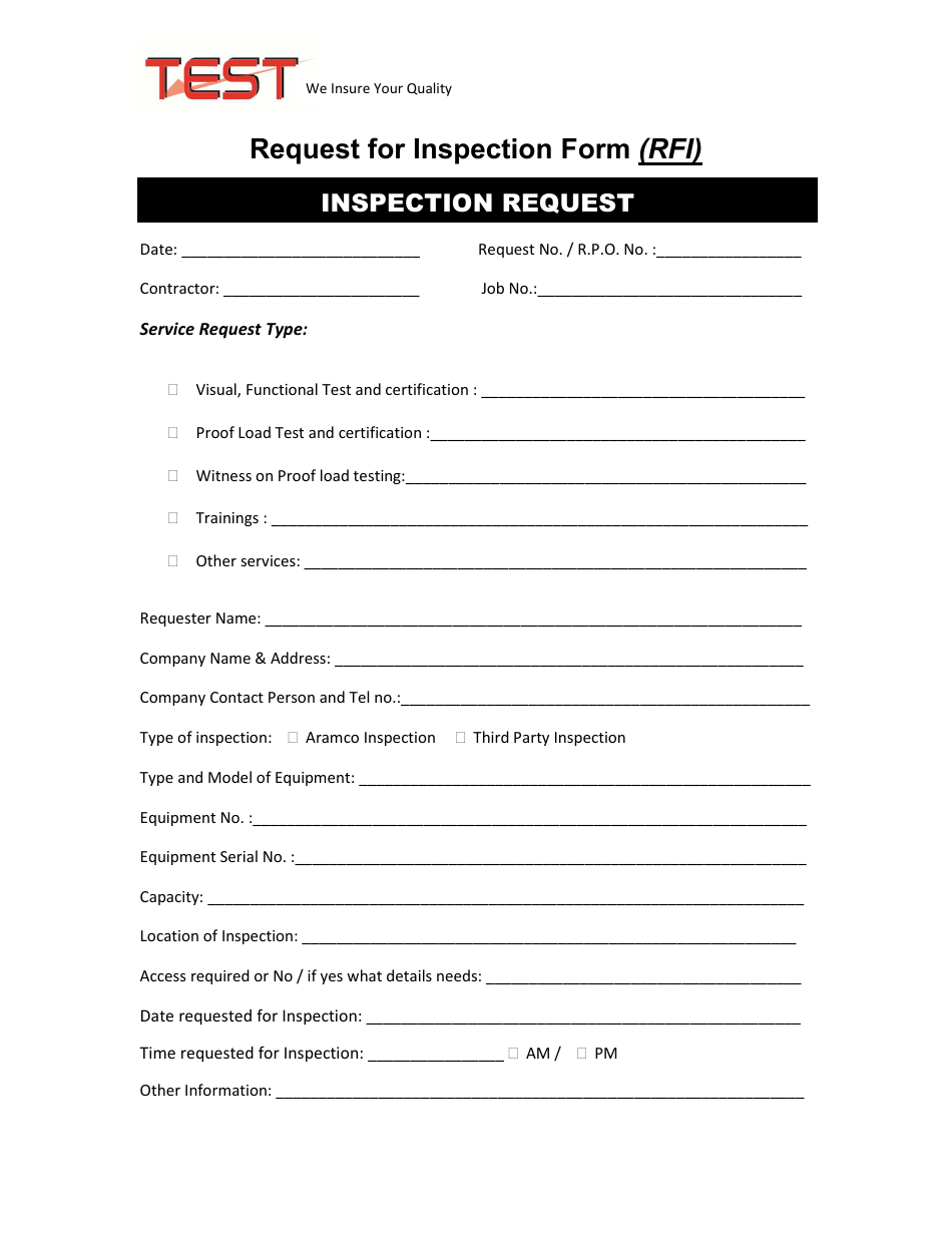 Saudi Arabia Inspection Request Form - Test Download Printable PDF Inside Certificate Of Inspection Template