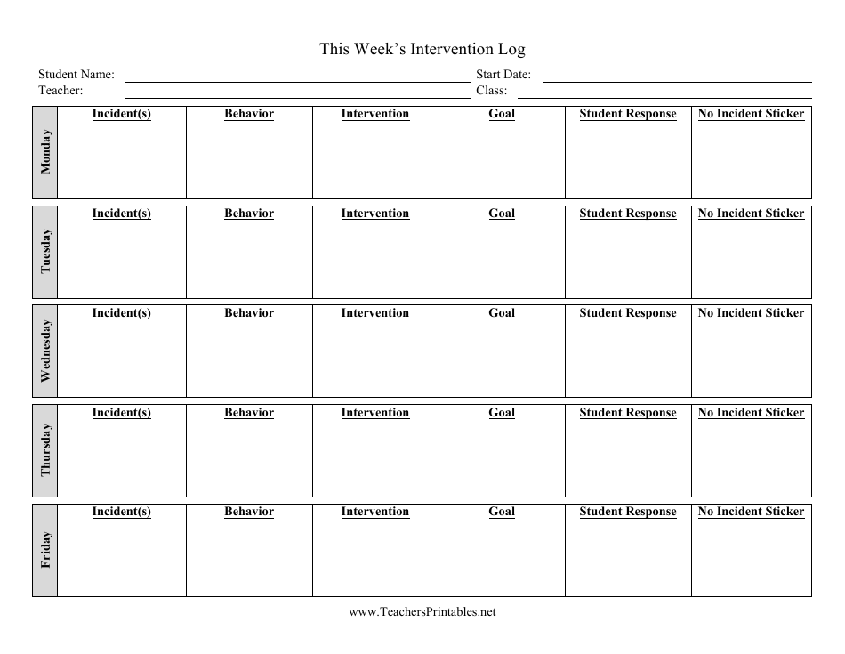 Weekly Intervention Log Template for Teachers Preview