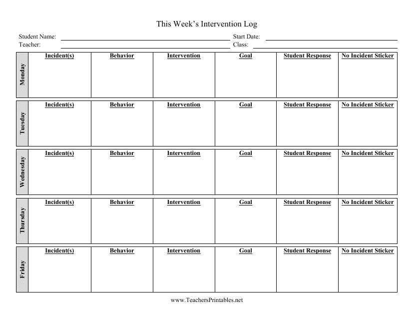 Weekly Intervention Log Template for Teachers