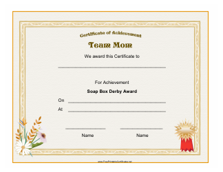 &quot;Soap Box Derby - Team Mom Award Certificate Template&quot;