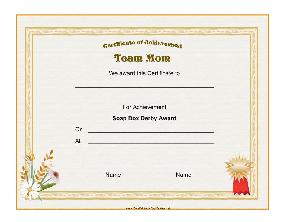 Soap Box Derby Team Mom Award Certificate Template Preview