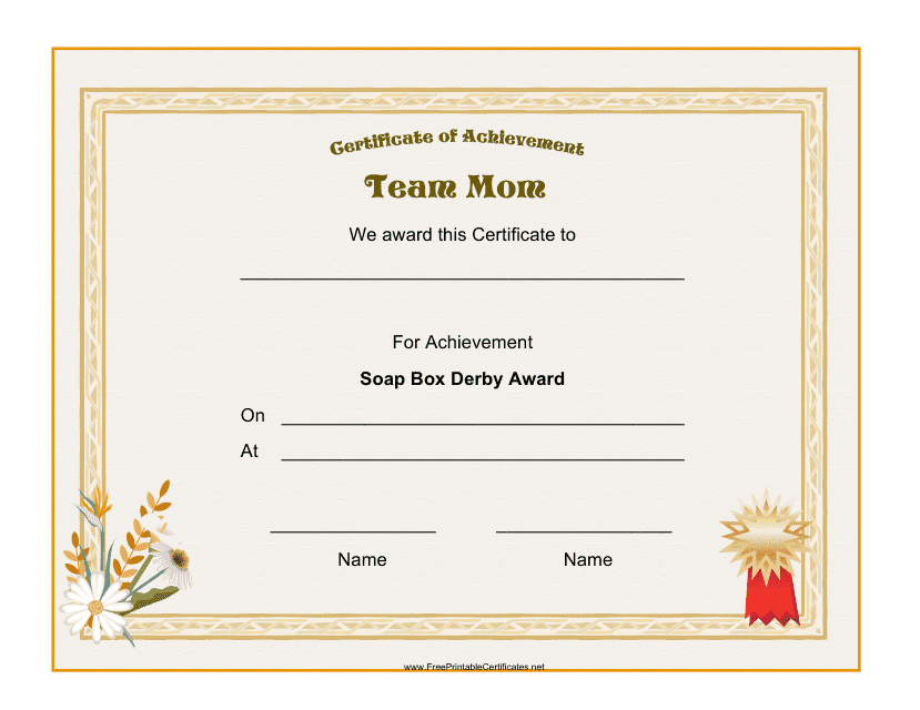 &quot;Soap Box Derby - Team Mom Award Certificate Template&quot; Download Pdf