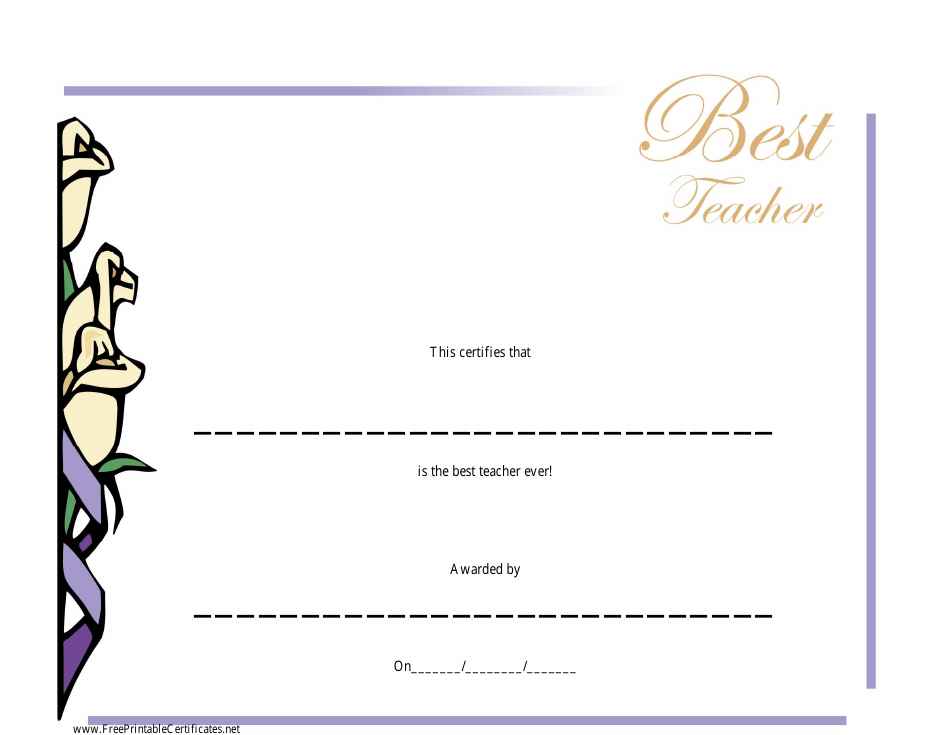 Beautiful Best Teacher Certificate Template with Roses