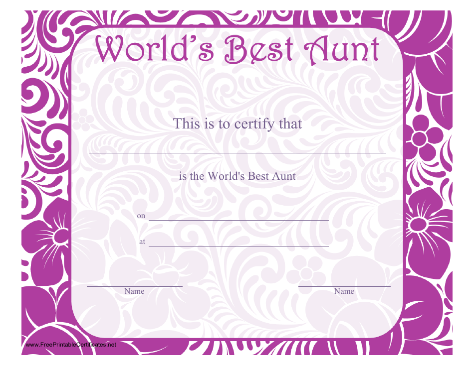 World's Best Aunt Certificate Template Preview