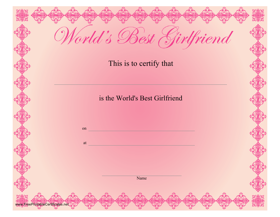 World's Best Girlfriend Certificate Template - Pink
