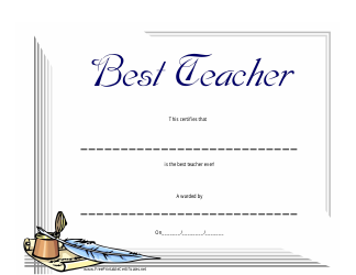 Document preview: Best Teacher Certificate Template