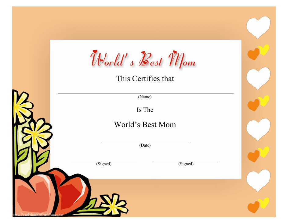 illustrated diploma-style Best Mom Certificate Template with shiny gold ribbon and floral patterns on a navy blue background