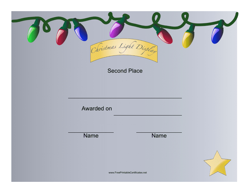 &quot;Christmas Lights Display 2nd Place Certificate Template&quot; Download Pdf