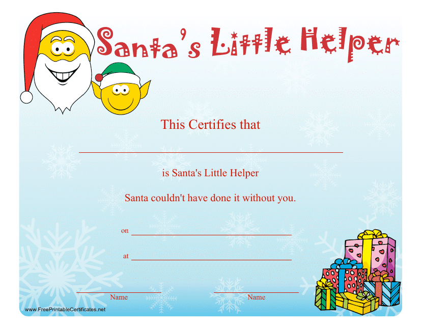 &quot;Santa's Little Helper Christmas Certificate Template&quot; Download Pdf