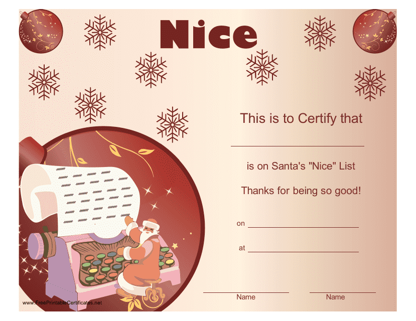Santa&#039;s Nice List Christmas Certificate Template