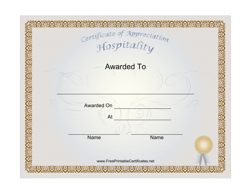 Hospitality Certificate of Appreciation Template - Customizable design for recognizing excellent service in the hospitality industry.