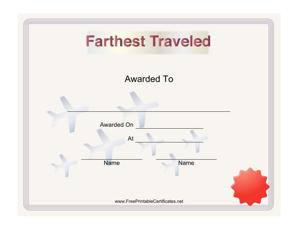 Class Reunion Farthest Traveled Certificate Template Design Preview.