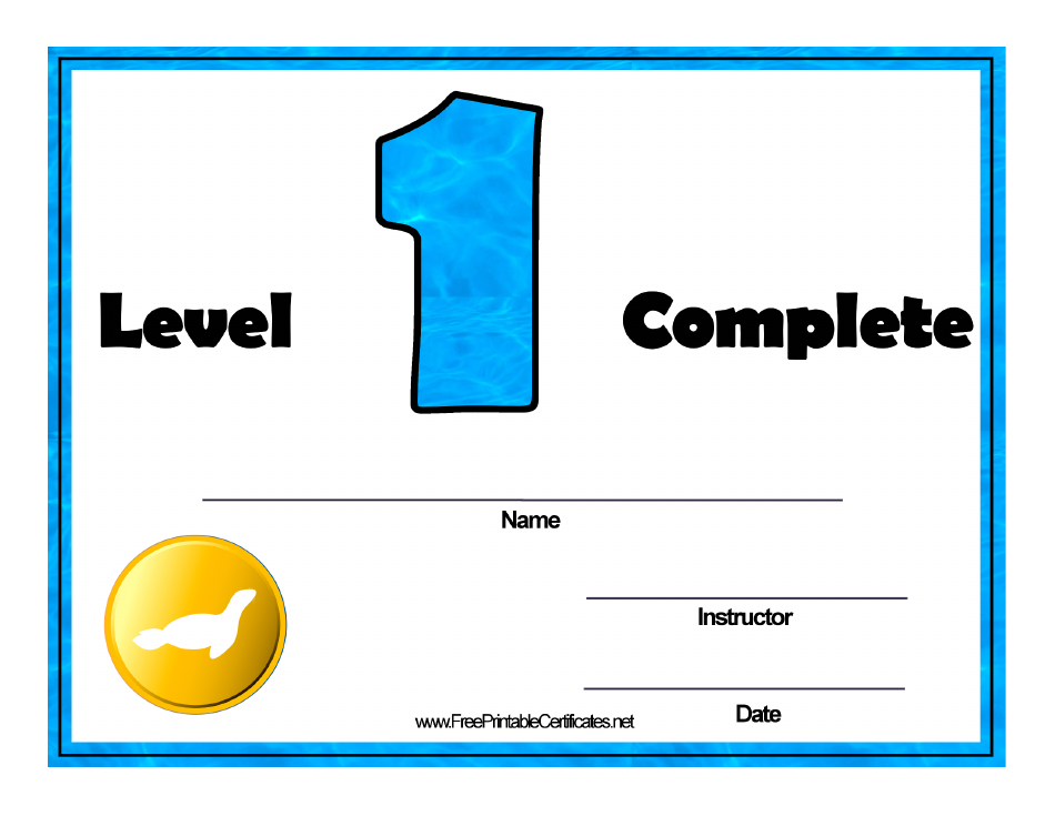 Swimming Lessons Level One Certificate Template - Beautifully designed swimming certificate template for Level One swimming lessons.