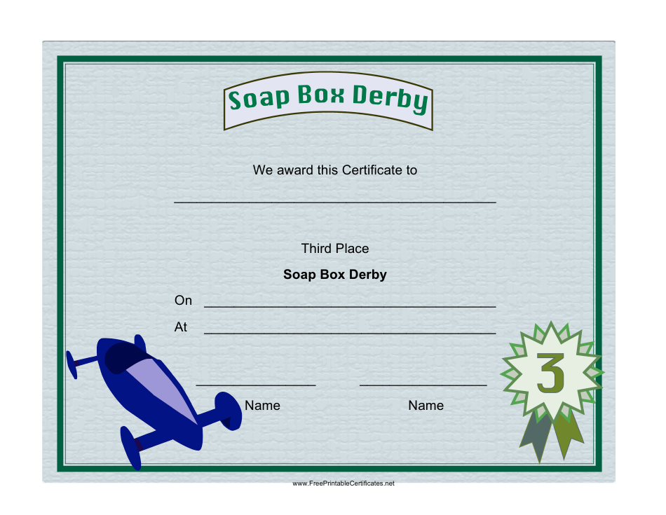Soap Box Derby Third Place Certificate Template, Page 1