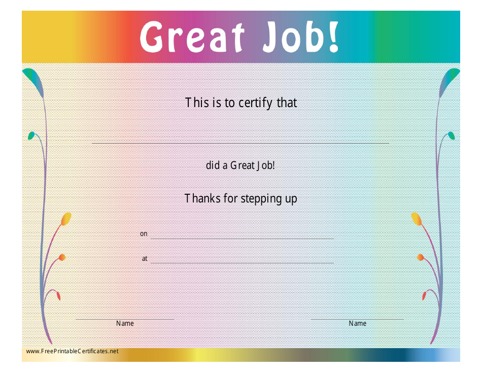 Great Job Certificate Template Varicolored Download Printable PDF 