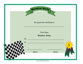 &quot;Woodcar Derby Third Place Certificate Template&quot;