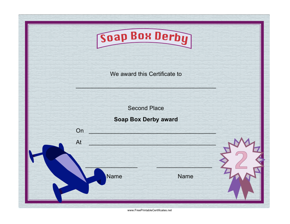 Soap Box Derby Second Place Certificate Template, Page 1