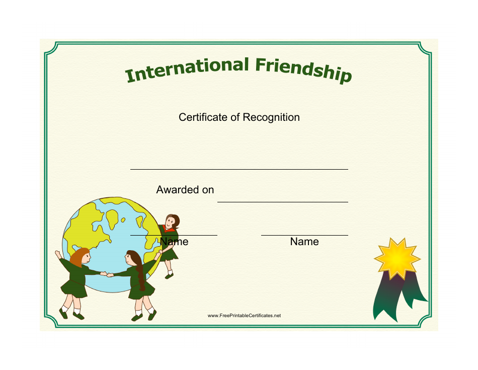 International Friendship Certificate of Recognition Template Image Preview