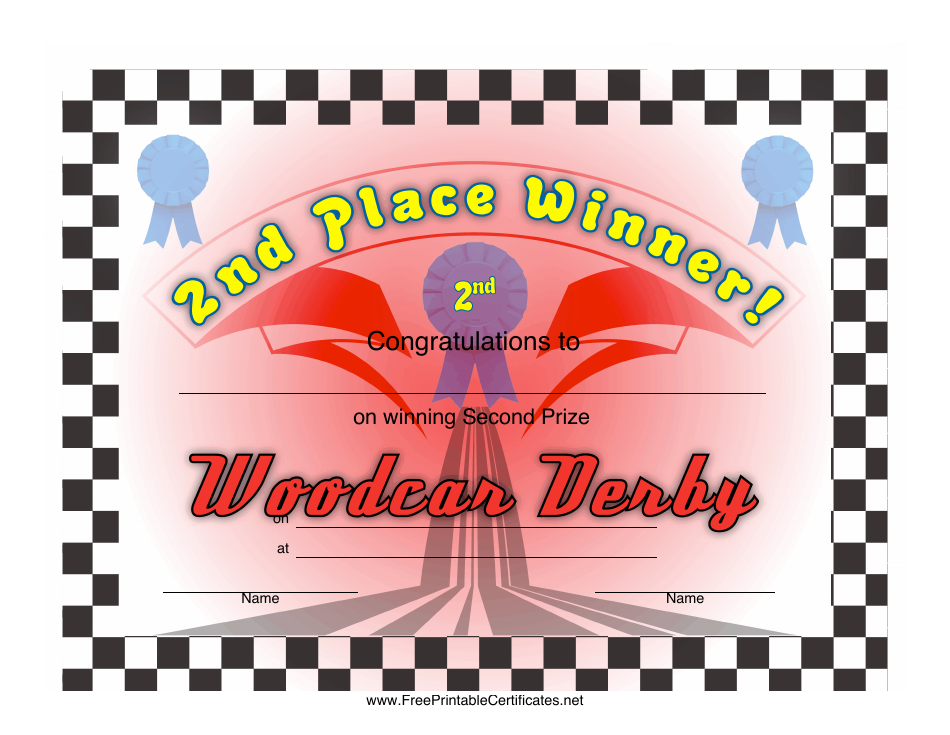 Woodcar Derby 2nd Place Certificate Template - A professional and eye-catching certificate template for participants who achieved second place in a Woodcar Derby competition.