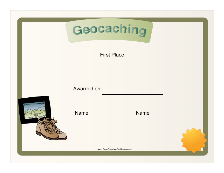 Geocaching First Place Certificate Template - Preview Image