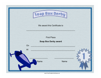Document preview: Soap Box Derby First Place Certificate Template