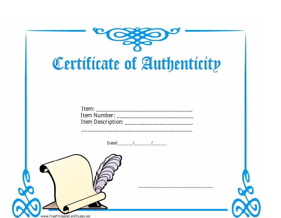 Certificate Of Authenticity Template Blue Download Printable PDF 