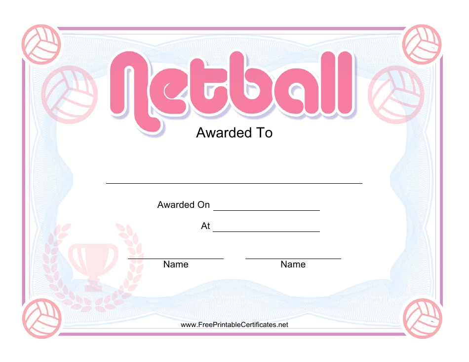 Netball Certificate Template - Pink