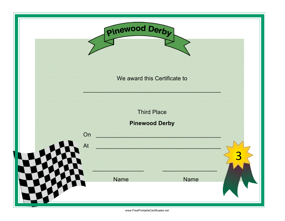 Pinewood Derby Third Place Certificate Template Preview Image